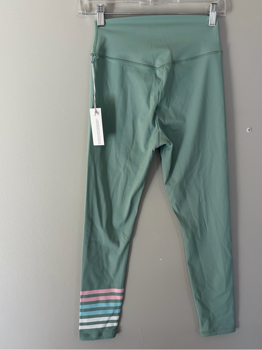 Addison Bay Sage Green Leggings with Pink, Blue & White Striped Hem - Picture 4 of 5